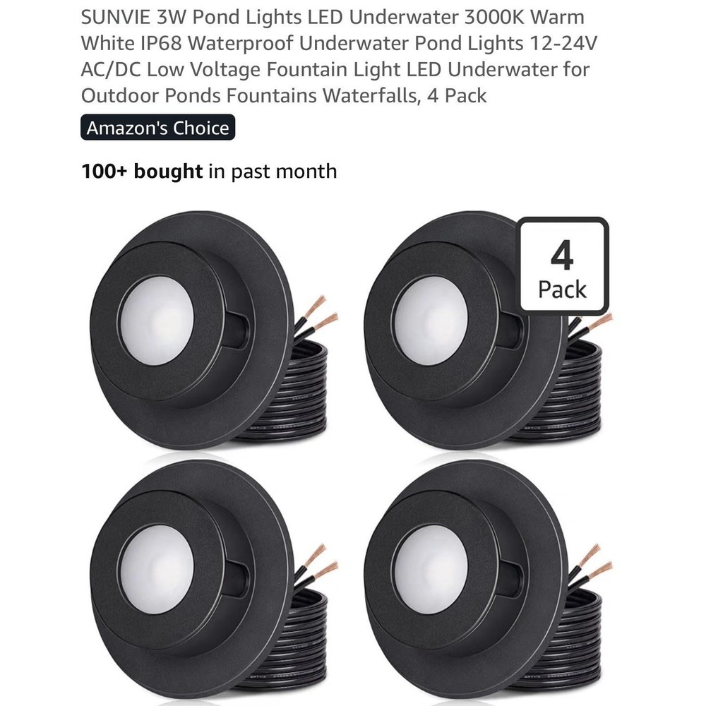 SUNVIE 3W IP68 Underwater Pond Lights LED 12-24V Warm White Outdoor 4 Pack Black